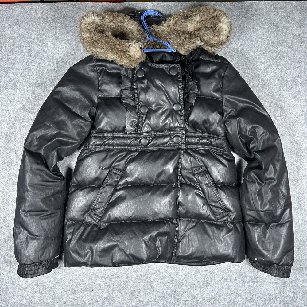 Vtg Juicy Couture Fur Hooded Puffer Jacket Girls Size 12 Black Grey Full Zip y2k